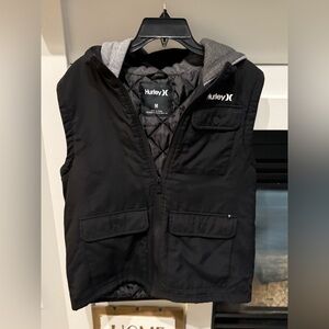 Hurley Men's Black Vest Jacket like new size medium lined  Heather gray hood
